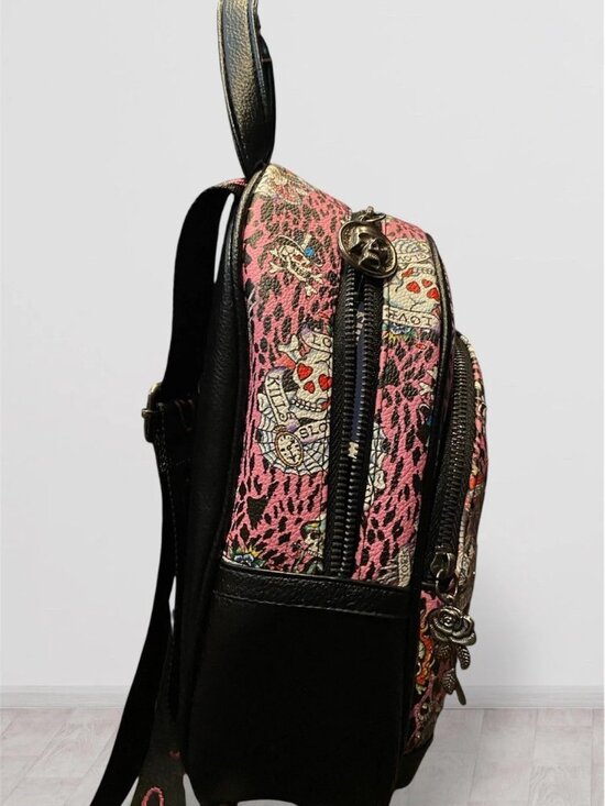 Ed Hardy Pink Leopard Print Tattoo Art Skulls Backpack Bag NWT​